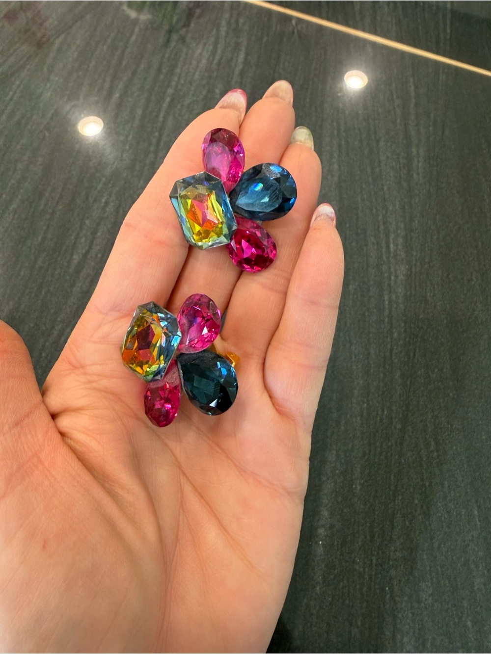 Multicolor Crystal Cluster Statement Clip-on Earrings - Pink & Blue
